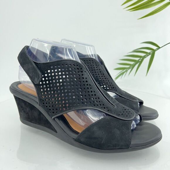 Earth Dalia Womens Size 9.5 Black Suede Peep Toe Wedge Slingback Sandals - Picture 1 of 15